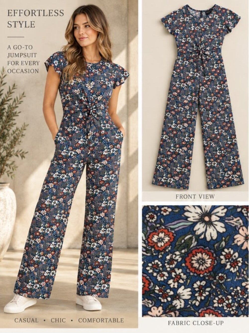 Art Class Navy Floral Tie-Front Wide Leg Jumpsuit – Girls XL (14/16)